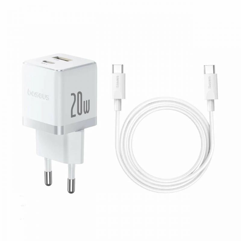 Baseus Palm White Fast Charger 1C 20W EU + Cable Type-C to Type-C 1m